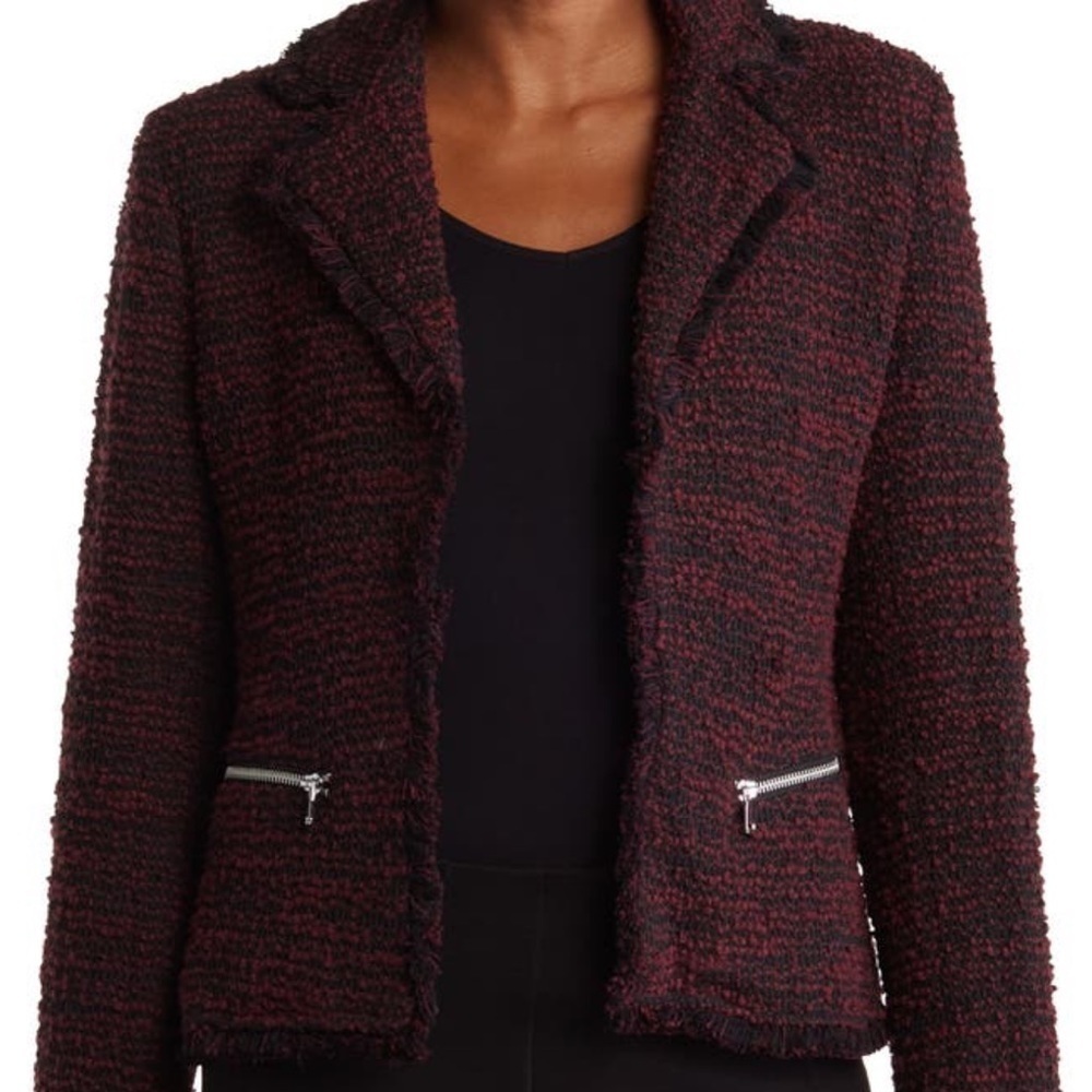 LAUNDRY by Shelli Segal boucle fringe trim open front crop blazer sz XL gorpcore